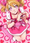  boots bow brown_hair choker cure_peach dress earrings eyelashes fresh_precure! hair_ornament hairpin heart heart-shaped_pupils heart_hair_ornament heart_hands jewelry kneeling magical_girl momozono_love pink_bow pink_choker pink_eyes pink_footwear precure ribbon rocd short_hair smile solo symbol-shaped_pupils twintails 