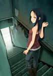  against_wall bad_perspective bangs black_hair boots camisole capri_pants grey_eyes halterneck knee_boots leaning long_hair looking_back open_mouth original pants parted_bangs perspective solo stairs yoshida_seiji 