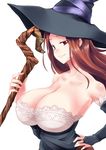  bare_shoulders breasts brown_eyes brown_hair cleavage dragon's_crown dress hat large_breasts long_hair smile solo sorceress_(dragon's_crown) staff strapless strapless_dress witch_hat zanku 