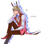 bad_id bad_pixiv_id barnaby_brooks_jr blonde_hair bow bowtie glasses green_eyes hand_on_own_chin male_focus ramta sitting solo tiger_&amp;_bunny vest 