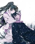  1girl black_hair bracelet closed_eyes couple fingerless_gloves gloves hetero hug hug_from_behind japanese_clothes jewelry kekkaishi long_hair ponytail ring snow sumimura_yoshimori yaku_(ziroken) yukimura_tokine 