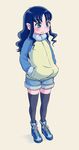  black_legwear blue_eyes blue_hair coat contemporary frown full_body hands_in_pockets heartcatch_precure! kurumi_erika long_hair mochimomomo precure raglan_sleeves shoes shorts sidelocks sneakers solo thighhighs 