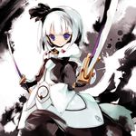  black_hairband blazblue blue_eyes bodysuit cosplay dual_wielding frown gloves hair_ribbon hairband hakumen hakumen_(cosplay) holding katana konpaku_youmu md5_mismatch ribbon serious short_hair solo sumi_keiichi sword touhou weapon white_hair 