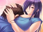  breast_press breasts game_cg hair_over_one_eye large_breasts long_hair oppai pink_hair smile smother tagme top 