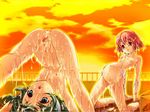  2girls after_sex areolae belly blue_eyes bukkake cum_everywhere cum_on_belly cum_on_breasts cum_on_hair cum_on_legs dawn dusk erect_nipples green_hair navel nipples pettanko pink_hair pregnant red_eyes semen sun tagme torn_clothes women_livestock 