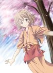  blush brown_eyes brown_hair cherry_blossoms flower hair_flower hair_ornament hanasaku_iroha japanese_clothes kissuisou_uniform matsumae_ohana nakai_(waitress) petals short_hair smile solo 