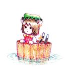  bucket chen colored_pencil_(medium) in_bucket in_container solo terrajin touhou traditional_media water 