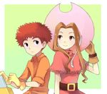  1girl brown_eyes brown_hair cowboy_hat digimon digimon_adventure fringe_trim gloves hat izumi_koushirou long_hair orange_shirt pastelpeach red_hair shirt short_hair smile tachikawa_mimi western 