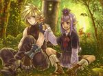  1girl blonde_hair blue_eyes blush cameo cloud_strife couple dissidia_012_final_fantasy dissidia_final_fantasy elf elvaan final_fantasy final_fantasy_vii final_fantasy_xi flower forest gloves hetero long_hair nanase_shie nature pointy_ears prishe purple_eyes purple_hair sabotender short_hair sitting smile spiked_hair sword weapon 