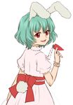 animal_ears bow bunny_ears bunny_tail carrot carrot_necklace chiester410 cosplay drawfag dress green_hair inaba_tewi inaba_tewi_(cosplay) jewelry necklace pendant red_eyes short_hair solo tail touhou umineko_no_naku_koro_ni 