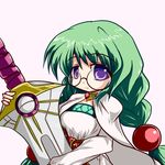  braid cape glasses green_hair hair_ornament hairpin long_hair mojap philia_felice purple_eyes smile solo sword tales_of_(series) tales_of_destiny twintails weapon 