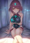  1girl bad_hands blush breasts competition_swimsuit earrings hinot homura_(xenoblade_2) jewelry large_breasts looking_at_viewer nintendo one-piece_swimsuit red_eyes red_hair short_hair simple_background smile solo swimsuit tiara water white_background xenoblade_(series) xenoblade_2 