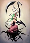  alxndr-art animal_print arm_up armpits bat bat_print bat_wings blade boots bridal_gauntlets chain demon_girl downscaled green_hair head_wings high_heels highres lips lipstick long_hair looking_at_viewer makeup md5_mismatch morrigan_aensland mouth_hold pantyhose print_legwear resized shoes sitting solo succubus vampire_(game) wings 
