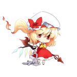  blonde_hair bunny chibi dress ear_grab fire flame flandre_scarlet hat laevatein musashino_udon red_dress red_eyes side_ponytail solo stuffed_toy touhou wings 