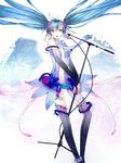 aqua_eyes aqua_hair bridal_gauntlets floating_hair hatsune_miku hatsune_miku_(append) long_hair microphone microphone_stand navel open_mouth solo thighhighs twintails vocaloid vocaloid_append 
