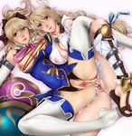  after_sex aftersex blonde_hair breasts cassandra_alexandra censored cum cum_in_pussy cum_inside green_eyes green_hair highres incest inviting large_breasts milf nipples presenting pussy sentou_kaiiki siblings sisters sophitia_alexandra soul_calibur soulcalibur_iv thighhighs torn_clothes yuri 