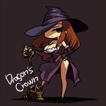  breasts bridal_gauntlets brown_eyes brown_hair chan_co chibi cleavage dragon's_crown dress full_body hand_on_hip hat hat_over_one_eye large_breasts long_hair side_slit skull solo sorceress_(dragon's_crown) staff standing strapless strapless_dress witch_hat 