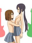  blush breasts brown_eyes brown_hair highres hirasawa_yui k-on! long_hair multiple_girls nakano_azusa navel nipples short_hair skirt small_breasts topless twintails very_long_hair wasabin yuri 