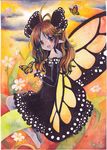  antenna_hair bare_shoulders black_dress brown_hair bug butterfly butterfly_on_hand butterfly_wings cloud detached_sleeves dress flower hair_ornament insect long_hair mosho no_shoes open_mouth original pantyhose pointy_ears signature sitting smile solo sunset teeth traditional_media watercolor_(medium) white_legwear wings 