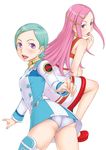  anemone_(eureka_seven) aqua_hair ass blush choker dress eureka eureka_seven eureka_seven_(series) face ha-ru hair_ornament hairclip multiple_girls panties pantyshot pink_hair purple_eyes simple_background thigh_strap tongue underwear upskirt white_panties 