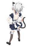  alternate_costume animal_ears back bad_id bad_pixiv_id cat_ears collar darker_than_black enmaided frilled_legwear from_behind full_body hands_on_hips kemonomimi_mode maid mary_janes peko shoes silver_hair simple_background solo tail thighhighs wrist_cuffs yin 