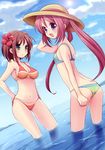  :d absurdres bikini breasts brown_hair cleavage copyright_request dutch_angle flower green_eyes hand_behind_head hat hibiscus highres hiroichi long_hair looking_back medium_breasts multiple_girls open_mouth purple_eyes red_eyes short_hair small_breasts smile submerged swimsuit 