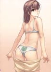  bra brown_eyes brown_hair gekota hair_ornament hairclip high_res lingerie looking_back medium_hair misaka_mikoto oshiri pantsu print_panties pua scan shorts shorts_pull to_aru_kagaku_no_railgun to_aru_majutsu_no_index undressing 