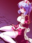  blue_eyes blue_hair breasts cosplay garter_straps heterochromia high_priest high_priest_(cosplay) legs long_legs medium_breasts miuku_(marine_sapphire) ragnarok_online red_eyes short_hair side_slit solo tatara_kogasa thighhighs thighs touhou white_legwear 