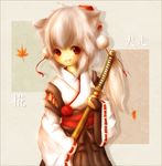  amanojaku animal_ears bad_id bad_pixiv_id detached_sleeves fang hat highres inubashiri_momiji katana leaf long_sleeves maple_leaf obi open_mouth red_eyes sash scabbard sheath sheathed shirt silver_hair skirt smile solo sword tassel tokin_hat touhou weapon white_hair wolf_ears 