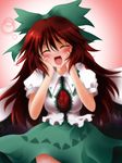  ^_^ blush bow brown_hair bunchin_(siso_junzy) cape closed_eyes green_bow hair_bow hands_on_own_face highres long_hair open_mouth reiuji_utsuho skirt smile solo third_eye touhou wings 