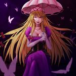  7/11_(fukuso) blonde_hair bow breasts bug butterfly cleavage corset dress elbow_gloves gloves hair_bow hat insect large_breasts long_hair parasol purple_eyes solo touhou umbrella yakumo_yukari 