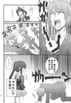  1boy 1girl all_fours blazer comic genderswap genderswap_(mtf) greyscale highres jacket k_hiro kita_high_school_uniform koizumi_itsuki kyon kyonko monochrome orz ponytail school_uniform serafuku suzumiya_haruhi_no_yuuutsu translated 