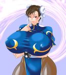  7961_shiki blush breast_suppress breasts brown_eyes brown_hair capcom china_dress chinadress chinese_clothes chun-li curvy double_bun double_buns dress earrings erect_nipples female gigantic_breasts hair_buns highres hips huge_breasts jewelry lips pantyhose solo standing stockings street_fighter taut_clothes thighhighs thighs wrist_cuffs 