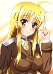  badge bardiche blonde_hair blush diesel-turbo fate_testarossa long_hair lyrical_nanoha mahou_shoujo_lyrical_nanoha military military_uniform red_eyes smile solo tsab_ground_military_uniform uniform 