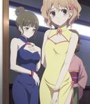  blue_dress blush bracelets china_dresses chinese_clothes cleavage hair_bun hanasaku_iroha matsumae_ohana oshimizu_nako yellow_dress 