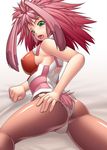  aerial_rave animal_ears ass blush breasts bunny_ears covered_nipples green_eyes large_breasts pantyhose pink_hair seraphita_(xenogears) skin_tight solo xenogears 