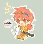  :o ahoge bag boots cat character_name chibi dress gensou_suikoden gensou_suikoden_i gloves green_background hairband kurai_(campanella) long_hair lotte_(suikoden) messy_hair open_mouth orange_dress red_eyes red_hair solo 