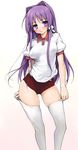  ass_visible_through_thighs blush breasts buruma clannad covered_nipples flying_sweatdrops fujibayashi_kyou groin gym_uniform hair_intakes hair_ribbon highres holding ishikei long_hair looking_at_viewer medium_breasts purple_eyes purple_hair pussy ribbon see-through short_sleeves simple_background solo standing thighhighs thighhighs_pull third-party_edit very_long_hair white_background white_legwear 