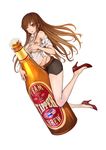  ;p absurdres alcohol bare_legs bare_shoulders beer breasts brown_hair covering covering_breasts earrings g-string haimerejzero high_heels highres hoop_earrings jewelry large_breasts legs long_hair long_legs miniskirt off_shoulder one_eye_closed open_clothes open_shirt original oversized_object panties red_footwear shirt shoes skirt sleeves_rolled_up solo tattoo thighs thong tongue tongue_out unbuttoned underwear 