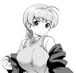  aoba_(smartbeat) blush braid breasts greyscale jacket large_breasts long_hair lynette_bishop monochrome necktie open_mouth single_braid solo strike_witches sweater_vest undressing world_witches_series 