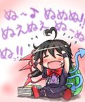  ahoge asymmetrical_wings backpack bag black_hair black_legwear blue_wings blush book bow chibi closed_eyes dress fang happy heart_ahoge houjuu_nue open_mouth red_wings rindou_(p41neko) short_hair solo sweatdrop thighhighs touhou translated wings wristband 