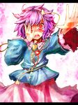  covering_one_eye cowboy_shot hairband heart komeiji_satori long_sleeves looking_at_viewer outstretched_arm red_eyes shaded_face short_hair simple_background solo touhou ukyo_rst white_background 