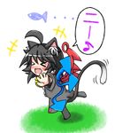  &gt;_&lt; :d ahoge animal_ears black_hair black_legwear blue_wings blush cat_ears cat_tail chibi closed_eyes dress eighth_note fang fish happy houjuu_nue kemonomimi_mode musical_note open_mouth outstretched_arms red_wings rindou_(p41neko) short_hair smile solo speech_bubble spoken_musical_note tail thighhighs touhou wings wristband 