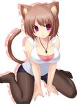  animal_ears arm_support bad_id bad_pixiv_id between_thighs black_legwear breasts brown_hair cat_ears cat_tail cleavage collarbone feet jewelry legwear_under_shorts medium_breasts necklace open_mouth original pantyhose purple_eyes shirt short_shorts shorts sitting solo tail taut_clothes taut_shirt tsukumiya_amane wariza 