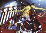  absurdres blazblue blonde_hair bow green_eyes highres huge_filesize implied_yuri kannatsuki_noboru long_hair multiple_girls noel_vermillion official_art rachel_alucard red_bow scan stairs thighhighs twintails 