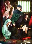  3boys black_hair blonde_hair brown_eyes bubble_blowing chewing_gum durarara!! fire fire_extinguisher hands_in_pockets hat highres hood hoodie kadota_kyouhei karisawa_erika multiple_boys rim2 sitting togusa_saburou tongue yumasaki_walker 