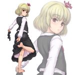  barefoot black_legwear blonde_hair face feet from_behind hands highres kuro_suto_sukii looking_back red_eyes rumia short_hair sock_pull socks soles solo touhou zoom_layer 