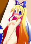  angel angel_wings blonde_hair blue_eyes blush breasts covering covering_breasts covering_crotch disgaea earrings flonne flying_sweatdrops hair_ribbon highres jewelry long_hair looking_at_viewer makai_senki_disgaea miu_(pixiv164563) navel nude open_mouth ribbon small_breasts solo very_long_hair wings 