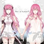  android bad_id bad_pixiv_id blue_eyes closed_eyes dress dual_persona headphones highres holding_hands long_hair megurine_luka multiple_girls pink_hair rahwia robot_joints short_dress skirt smile vocaloid white_skirt 