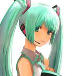  aqua_hair bare_shoulders closed_mouth collarbone collared_shirt detached_sleeves green_eyes grey_shirt hand_on_own_chest hatsune_miku headgear headphones headset kamdia lips long_hair looking_at_viewer shirt smile solo twintails vocaloid 